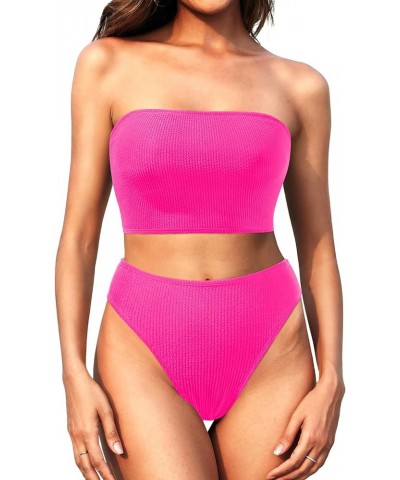 Women Two Piece High Waisted Bikini Sets Tummy Control Strapless Swimsuit Ribbed Crop top with Cheeky Bottom Hot Pink $10.50 ...
