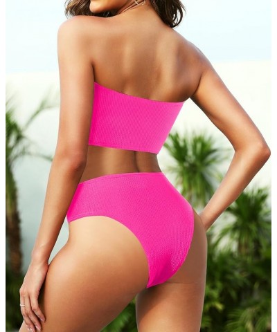 Women Two Piece High Waisted Bikini Sets Tummy Control Strapless Swimsuit Ribbed Crop top with Cheeky Bottom Hot Pink $10.50 ...