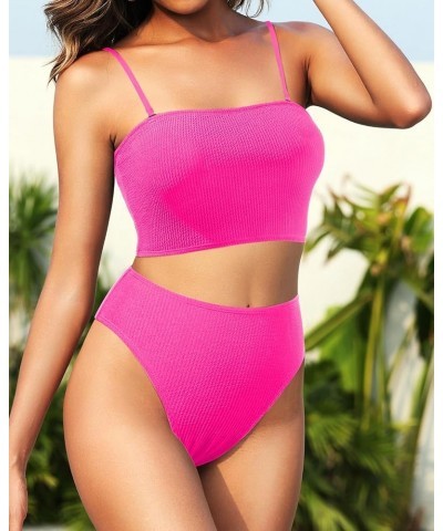 Women Two Piece High Waisted Bikini Sets Tummy Control Strapless Swimsuit Ribbed Crop top with Cheeky Bottom Hot Pink $10.50 ...