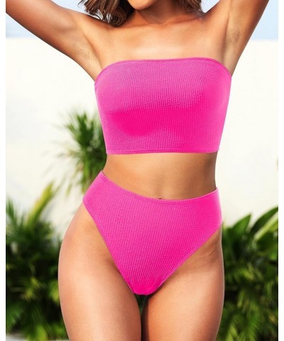 Women Two Piece High Waisted Bikini Sets Tummy Control Strapless Swimsuit Ribbed Crop top with Cheeky Bottom Hot Pink $10.50 ...