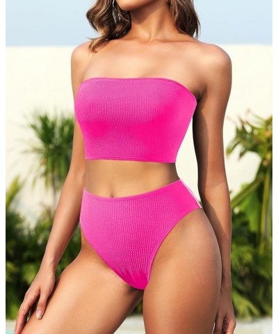 Women Two Piece High Waisted Bikini Sets Tummy Control Strapless Swimsuit Ribbed Crop top with Cheeky Bottom Hot Pink $10.50 ...