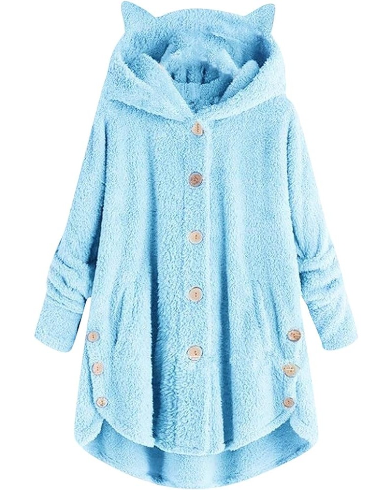 Fleece Jacket Women Bear Cat Ear Hooded Pullover Hoodies Button Pocket Plush Warm Sweatshirt Winter Oversized Coats 03-sky Bl...