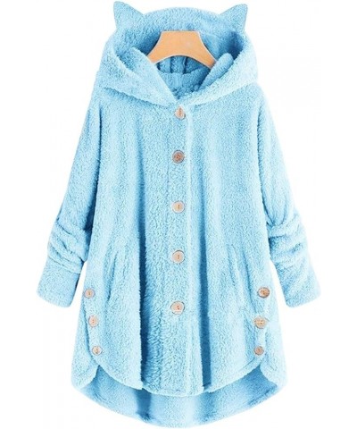 Fleece Jacket Women Bear Cat Ear Hooded Pullover Hoodies Button Pocket Plush Warm Sweatshirt Winter Oversized Coats 03-sky Bl...