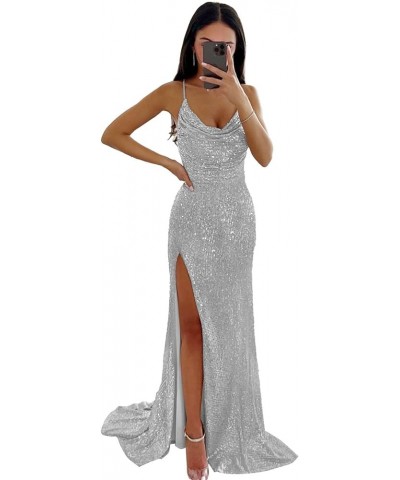 Sequin Prom Dresses for Women Cowl Neck Long Ball Gown with Slit Sparkly Formal Evening Party Dress Silver $30.55 Dresses