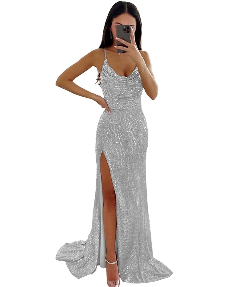 Sequin Prom Dresses for Women Cowl Neck Long Ball Gown with Slit Sparkly Formal Evening Party Dress Silver $30.55 Dresses