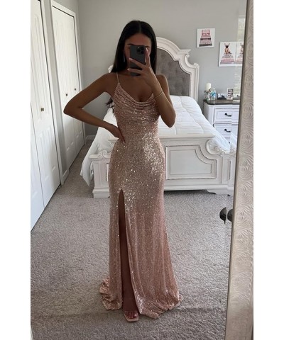 Sequin Prom Dresses for Women Cowl Neck Long Ball Gown with Slit Sparkly Formal Evening Party Dress Silver $30.55 Dresses