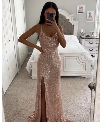 Sequin Prom Dresses for Women Cowl Neck Long Ball Gown with Slit Sparkly Formal Evening Party Dress Silver $30.55 Dresses