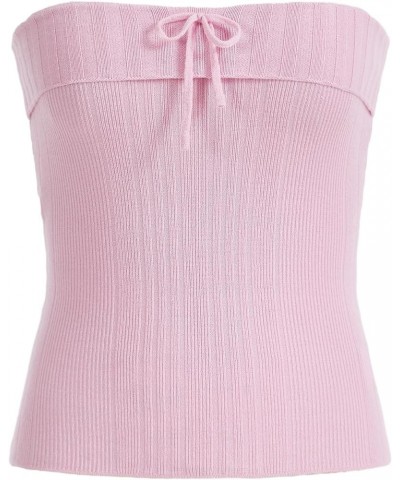 Women's Strapless Bow Front Sleeveless Bandeau Rib Knit Tube Top Light Pink $13.99 Tanks