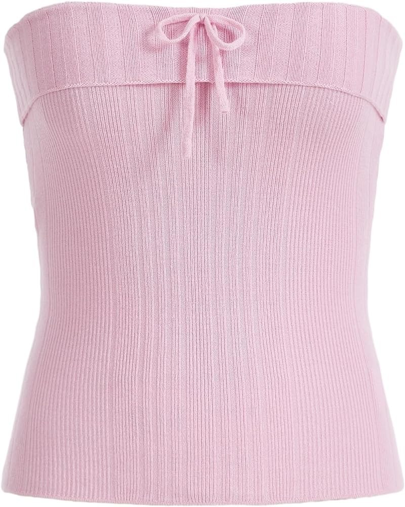 Women's Strapless Bow Front Sleeveless Bandeau Rib Knit Tube Top Light Pink $13.99 Tanks