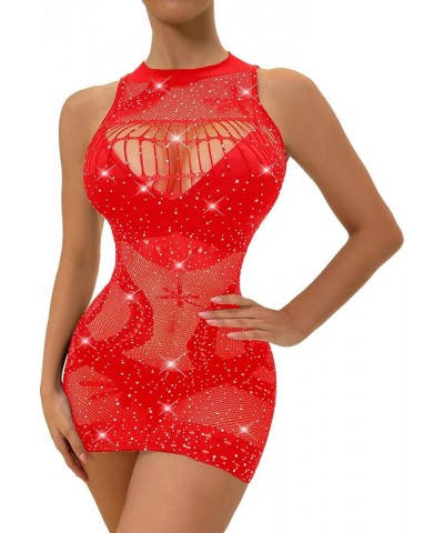 Women's Sexy Sleeveless See Through Sparkly Rhinestones Mesh Bodycon Mini Dress Red $10.99 Dresses