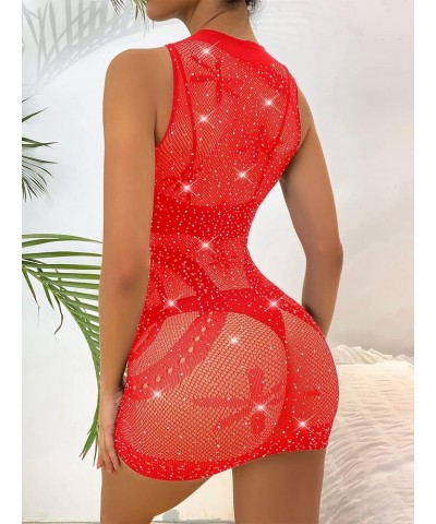 Women's Sexy Sleeveless See Through Sparkly Rhinestones Mesh Bodycon Mini Dress Red $10.99 Dresses