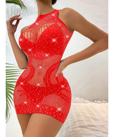 Women's Sexy Sleeveless See Through Sparkly Rhinestones Mesh Bodycon Mini Dress Red $10.99 Dresses