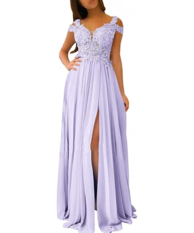 Women's Lace Appliqued Evening Gowns Side Split A-line Prom Dresses Long Lavender $49.35 Dresses