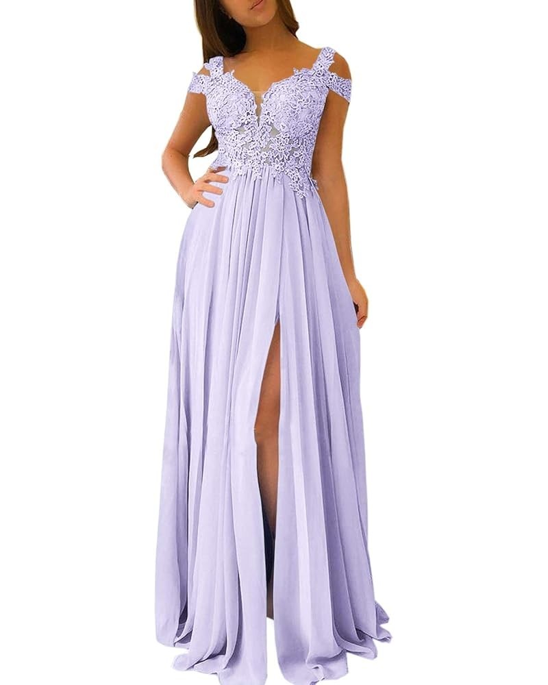 Women's Lace Appliqued Evening Gowns Side Split A-line Prom Dresses Long Lavender $49.35 Dresses