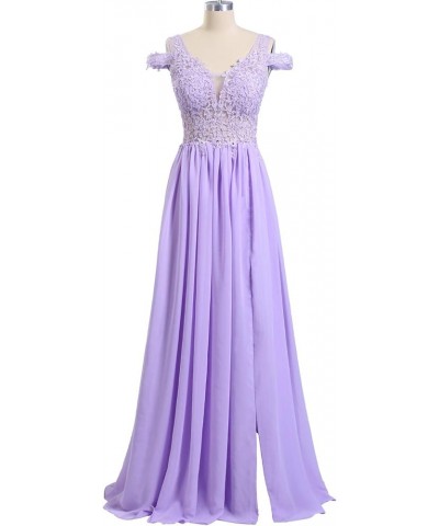 Women's Lace Appliqued Evening Gowns Side Split A-line Prom Dresses Long Lavender $49.35 Dresses