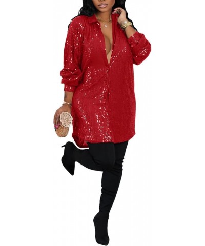 Sparkly Dresses for Women Plus Size Lapel Button Up V Neck Shirt Dress Sequin Glitter Long Sleeve Mini Dress 0-red $26.51 Dre...