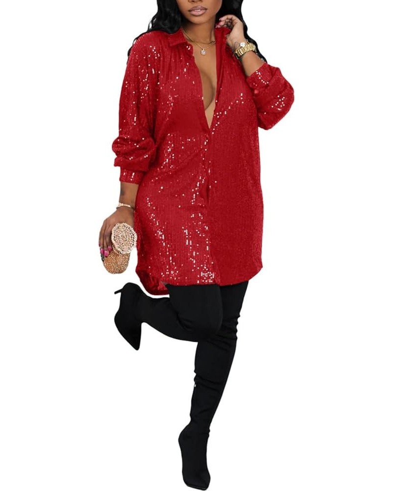 Sparkly Dresses for Women Plus Size Lapel Button Up V Neck Shirt Dress Sequin Glitter Long Sleeve Mini Dress 0-red $26.51 Dre...