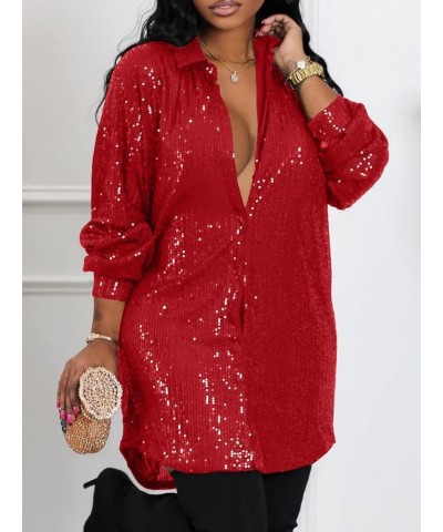 Sparkly Dresses for Women Plus Size Lapel Button Up V Neck Shirt Dress Sequin Glitter Long Sleeve Mini Dress 0-red $26.51 Dre...