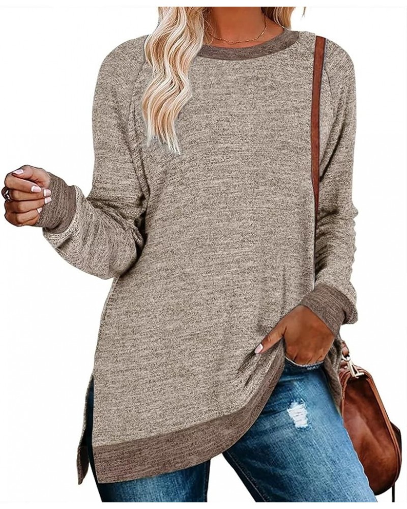 Womens Crewneck Pullovers Color Block Long Sleeve Side Split Tunic Tops Type 2 Khaki $16.78 Tops