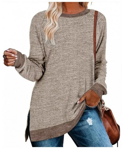 Womens Crewneck Pullovers Color Block Long Sleeve Side Split Tunic Tops Type 2 Khaki $16.78 Tops