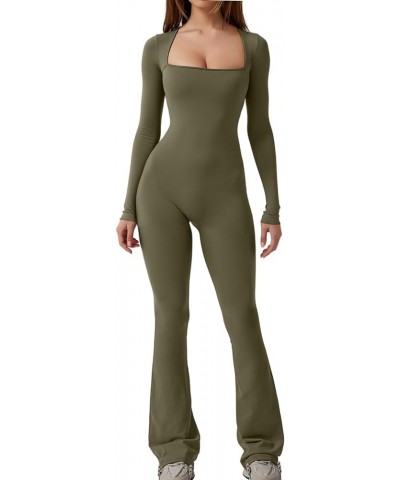 Jumpsuits for Women Square Neck Wide Leg Full Length Romper Playsuit Long Sleeve Olive Green $20.07 Jumpsuits