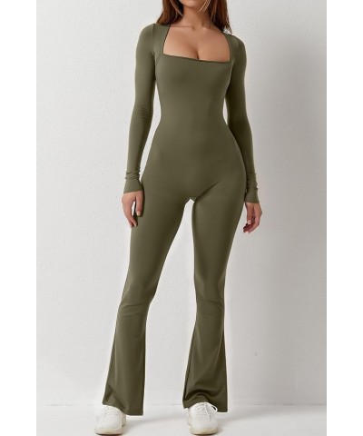 Jumpsuits for Women Square Neck Wide Leg Full Length Romper Playsuit Long Sleeve Olive Green $20.07 Jumpsuits