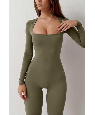 Jumpsuits for Women Square Neck Wide Leg Full Length Romper Playsuit Long Sleeve Olive Green $20.07 Jumpsuits