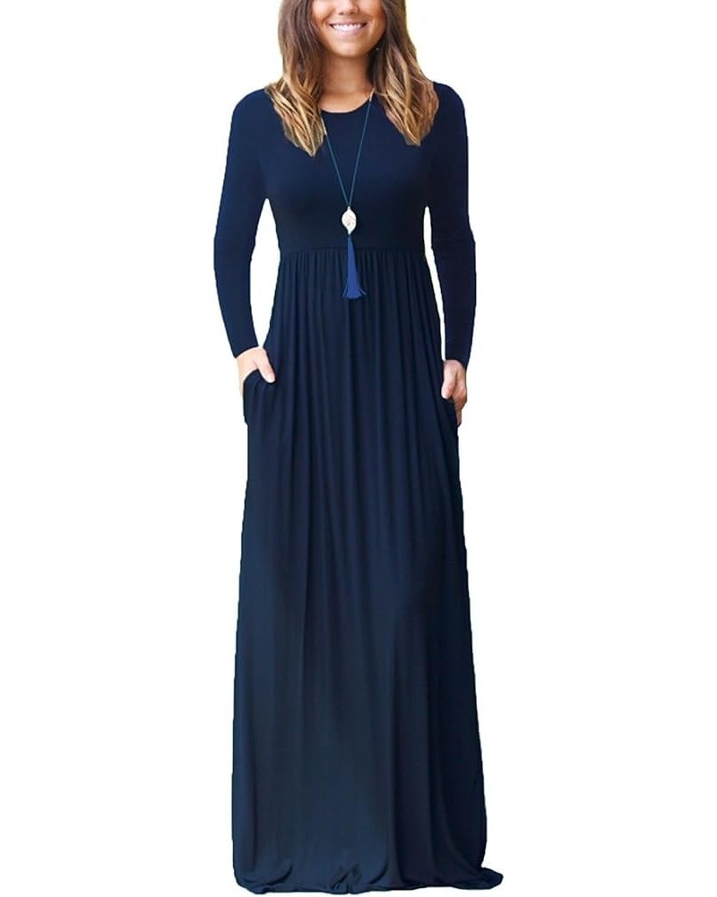 Women's Long Sleeve Loose Plain Maxi Dresses Casual Long Dresses with Pockets 1-long Sleeve Navy Blue $18.06 Dresses
