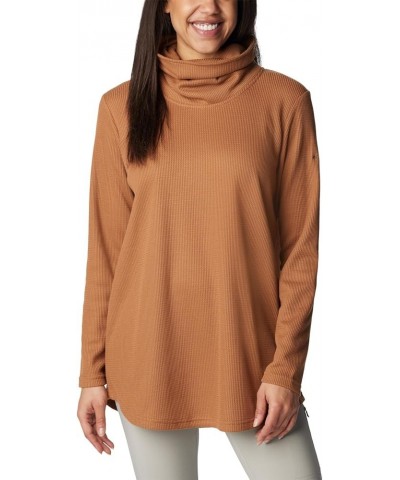 Women's Holly Hideaway Waffle Cowl Neck Pullover Camel Brown $22.33 Sweaters