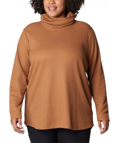 Women's Holly Hideaway Waffle Cowl Neck Pullover Camel Brown $22.33 Sweaters