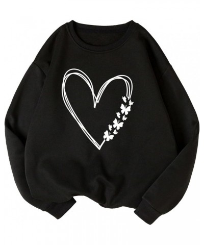 Women's Crewneck Graphic Heart Butterfly Print Sweatshirt Thermal Casaul Top Black $12.87 Hoodies & Sweatshirts