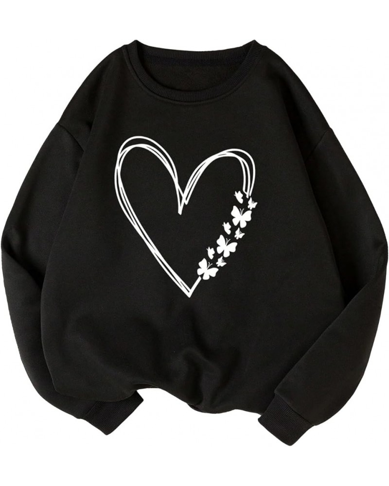 Women's Crewneck Graphic Heart Butterfly Print Sweatshirt Thermal Casaul Top Black $12.87 Hoodies & Sweatshirts