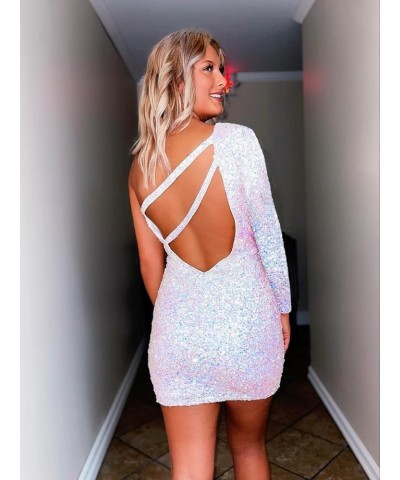 Women's One Shoulder Homecoming Dresses for Teens Sparkly Long Sleeve Sequin Short Cocktial Dress Silver $36.44 Dresses