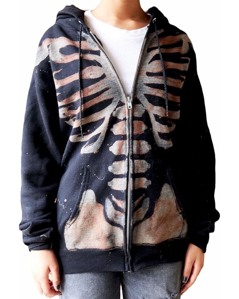 Women Y2k Zip Up Hoodie Skeleton Portrait Oversized Jacket Sweatshirt Long Sleeve Hoodies Black $20.96 Hoodies & Sweatshirts