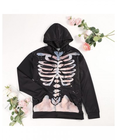 Women Y2k Zip Up Hoodie Skeleton Portrait Oversized Jacket Sweatshirt Long Sleeve Hoodies Black $20.96 Hoodies & Sweatshirts