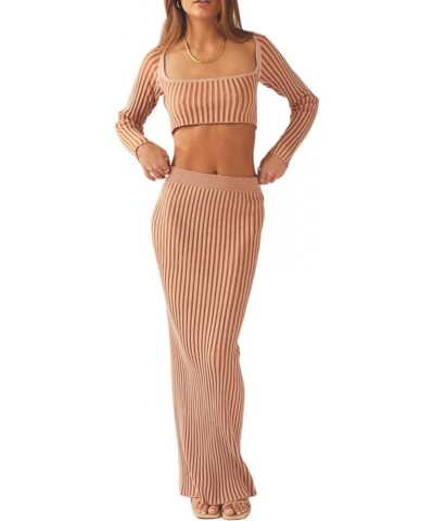 Women's 2 Piece Hollow Crochet Out Sets Knitted Y2k Sexy Long Sleeve Crop Tops And Maxi Skirt Clubwear Yj Orange $19.37 Suits