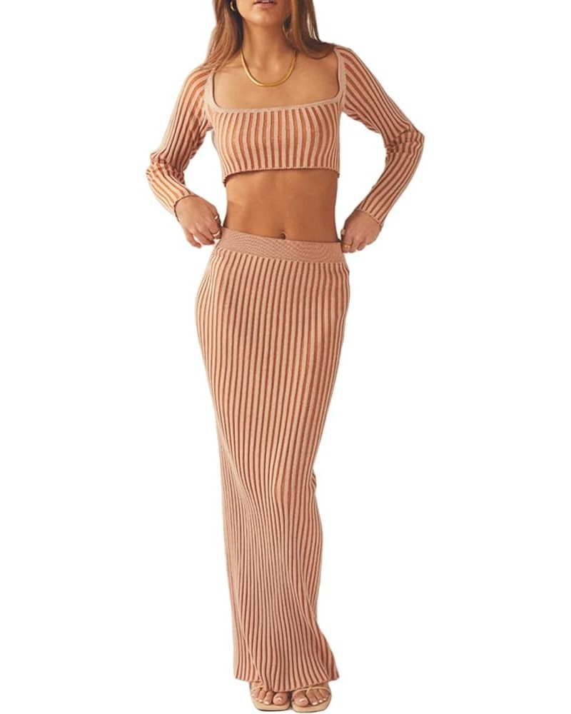 Women's 2 Piece Hollow Crochet Out Sets Knitted Y2k Sexy Long Sleeve Crop Tops And Maxi Skirt Clubwear Yj Orange $19.37 Suits