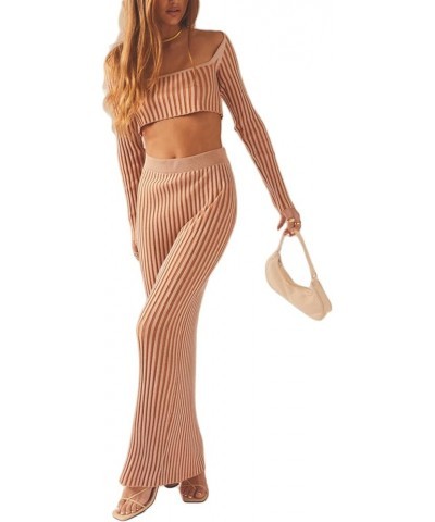 Women's 2 Piece Hollow Crochet Out Sets Knitted Y2k Sexy Long Sleeve Crop Tops And Maxi Skirt Clubwear Yj Orange $19.37 Suits