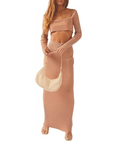 Women's 2 Piece Hollow Crochet Out Sets Knitted Y2k Sexy Long Sleeve Crop Tops And Maxi Skirt Clubwear Yj Orange $19.37 Suits