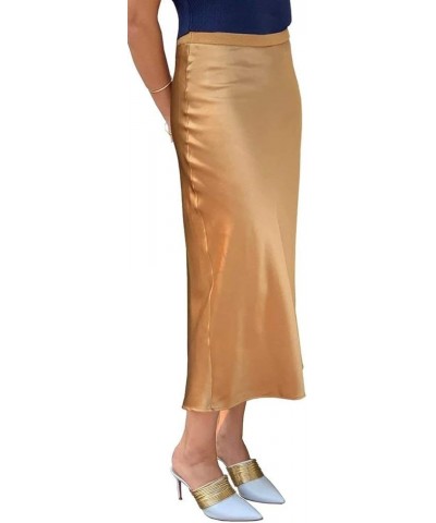 Baby'O Womens Stretch Satin Bias Cut Midi Skirt Gold $18.19 Skirts