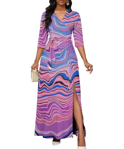 Maxi Dress for Women 3/4 Sleeve V Neck Printed Side Slit Long Summer Dresses with Belt Bright Purple $20.70 Dresses