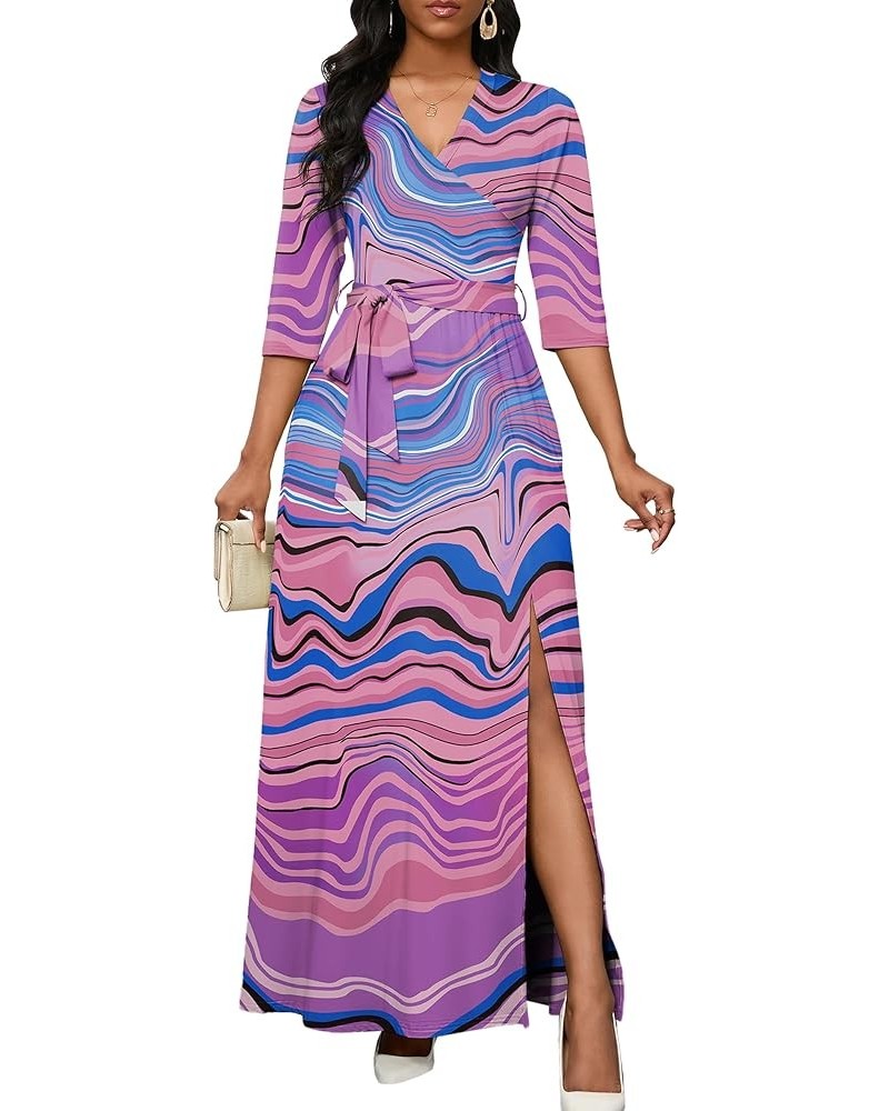 Maxi Dress for Women 3/4 Sleeve V Neck Printed Side Slit Long Summer Dresses with Belt Bright Purple $20.70 Dresses