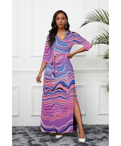 Maxi Dress for Women 3/4 Sleeve V Neck Printed Side Slit Long Summer Dresses with Belt Bright Purple $20.70 Dresses