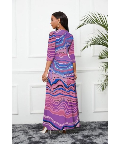 Maxi Dress for Women 3/4 Sleeve V Neck Printed Side Slit Long Summer Dresses with Belt Bright Purple $20.70 Dresses