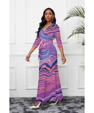 Maxi Dress for Women 3/4 Sleeve V Neck Printed Side Slit Long Summer Dresses with Belt Bright Purple $20.70 Dresses