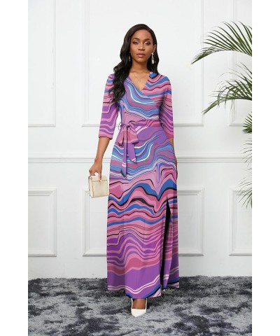 Maxi Dress for Women 3/4 Sleeve V Neck Printed Side Slit Long Summer Dresses with Belt Bright Purple $20.70 Dresses