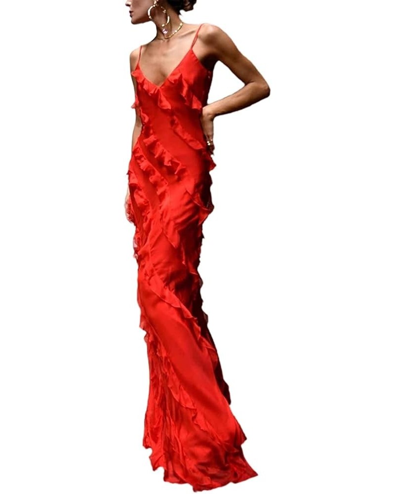 Women Strapless Asymmetric Ruffle Chiffon Midi Dress Backless High Low Slit Fringe Evening Party Maxi Dresses Ball Gown D-red...