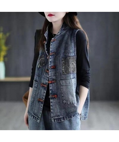 Women's Denim Vest Cotton Spring and Summer Plus Size Chinese Style Retro Korean Sleeveless Jacket Women S1 Blue $27.59 Vests