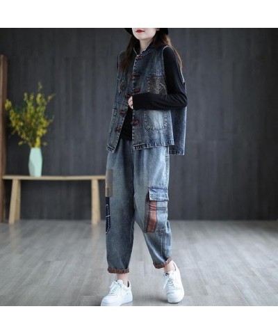 Women's Denim Vest Cotton Spring and Summer Plus Size Chinese Style Retro Korean Sleeveless Jacket Women S1 Blue $27.59 Vests