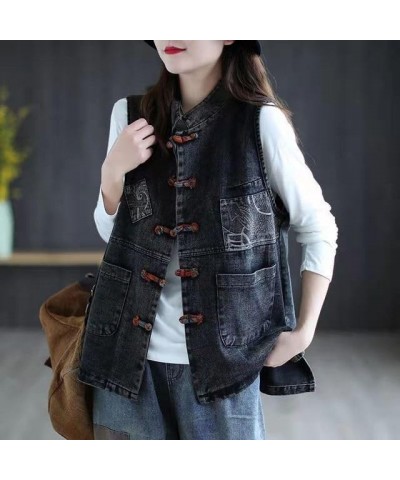 Women's Denim Vest Cotton Spring and Summer Plus Size Chinese Style Retro Korean Sleeveless Jacket Women S1 Blue $27.59 Vests